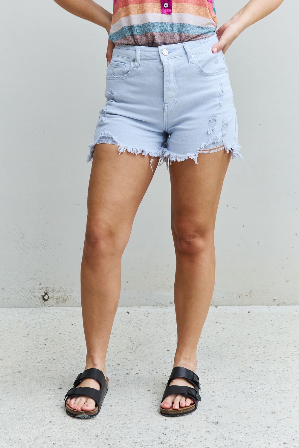 RISEN Katie Full Size High Waisted Distressed Shorts in Ice Blue-Teresa&#39;s Fashionista LLC