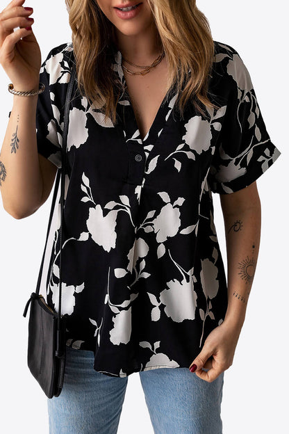 Floral Notched Neck Cuffed Short Sleeve Blouse-Teresa&#39;s Fashionista LLC