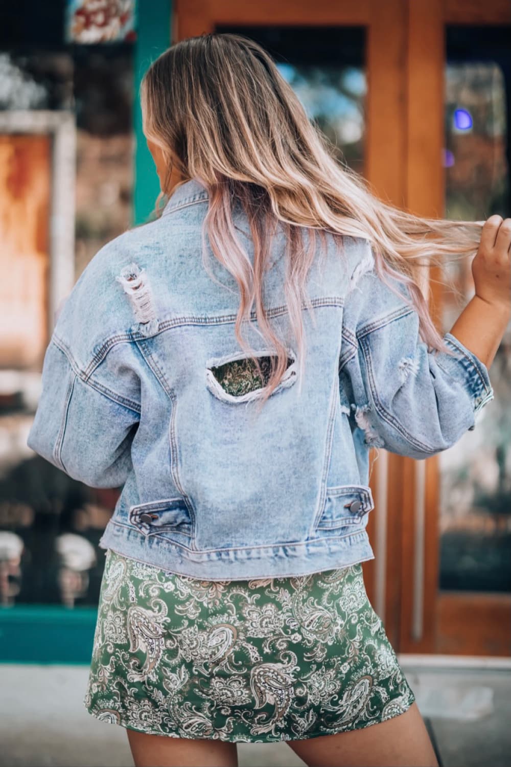 Distressed Drop Shoulder Denim Jacket-Teresa&#39;s Fashionista LLC