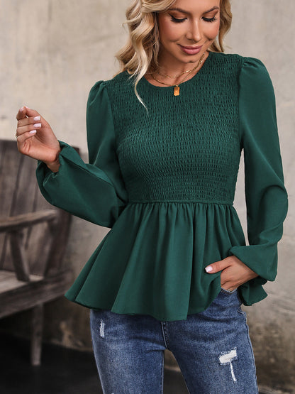 Round Neck Smocked Balloon Sleeve Top-Teresa&#39;s Fashionista LLC