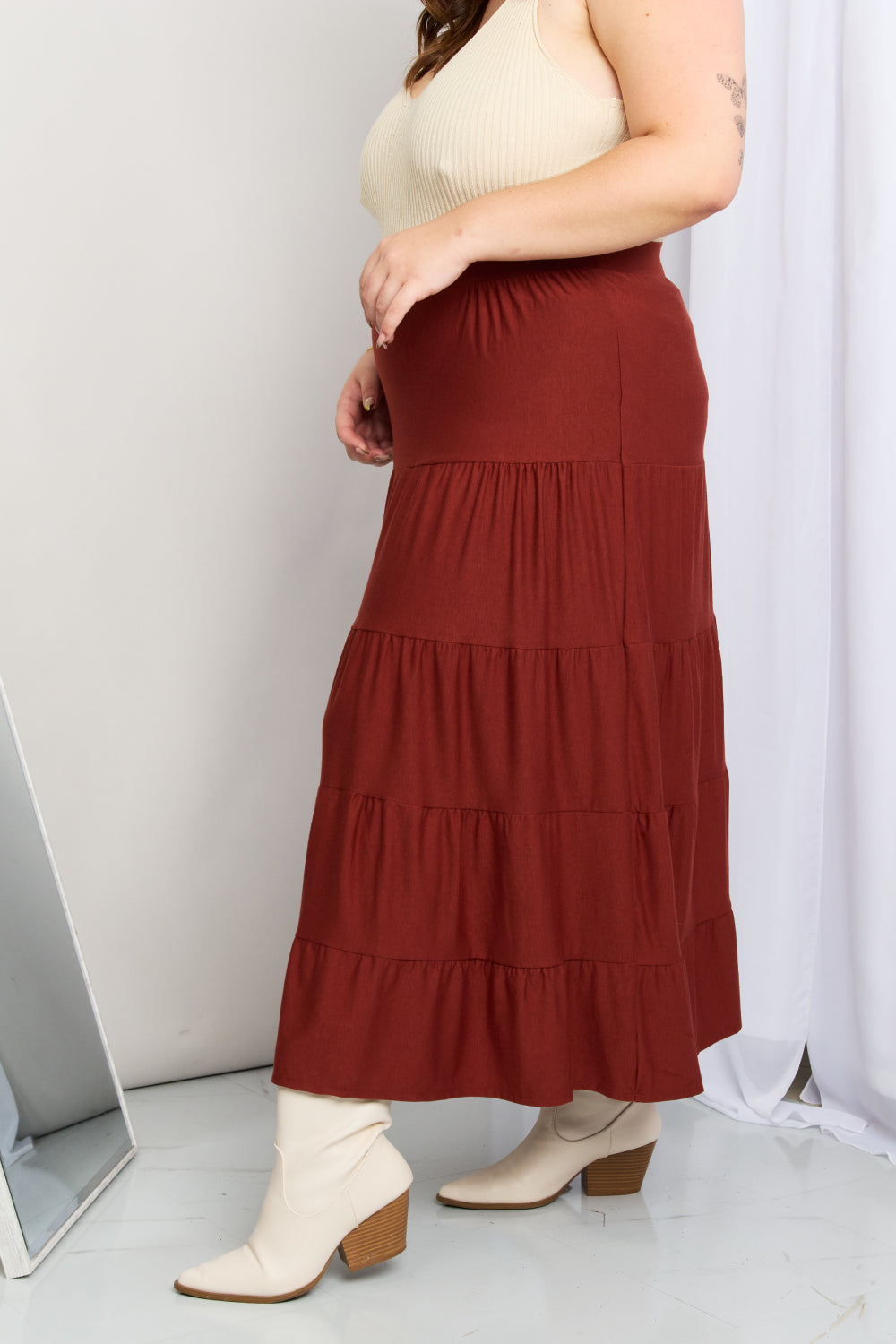 Zenana Full Size Wide Waistband Tiered Midi Skirt-Teresa&#39;s Fashionista LLC