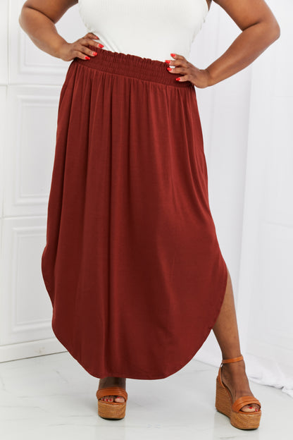 Zenana It's My Time Full Size Side Scoop Scrunch Skirt in Dark Rust-Teresa&#39;s Fashionista LLC