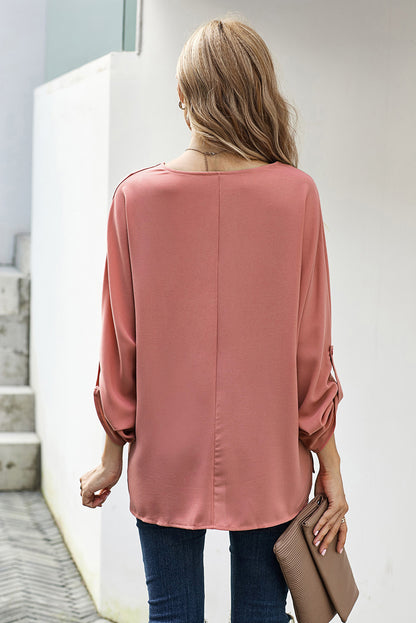 V-Neck Roll-Tab Sleeve Blouse-Teresa&#39;s Fashionista LLC