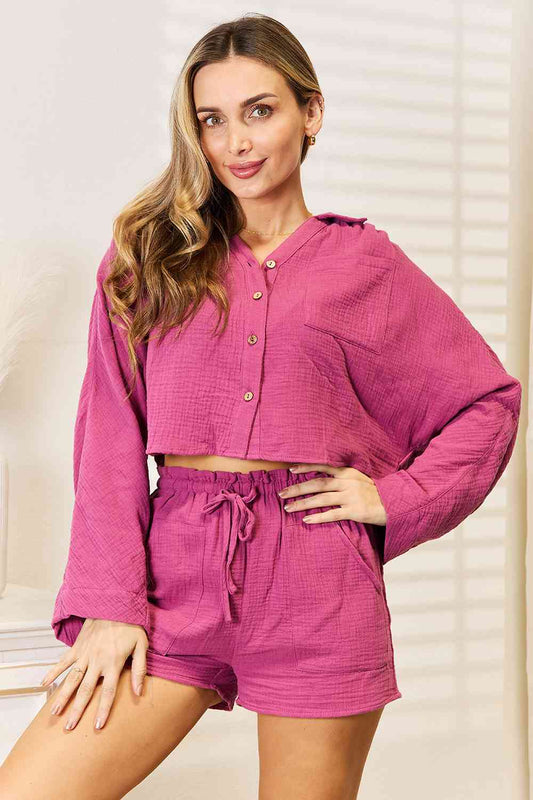 Basic Bae Buttoned Long Sleeve Top and Shorts Set-Teresa&#39;s Fashionista LLC