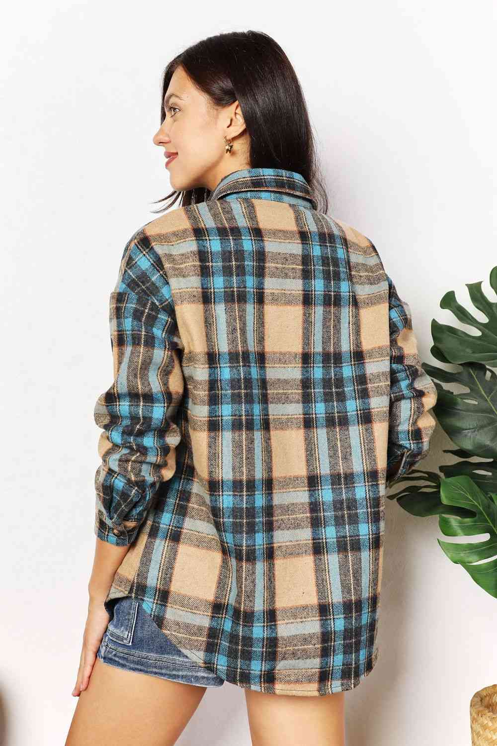 Double Take Plaid Curved Hem Shirt Jacket with Breast Pockets-Teresa&#39;s Fashionista LLC