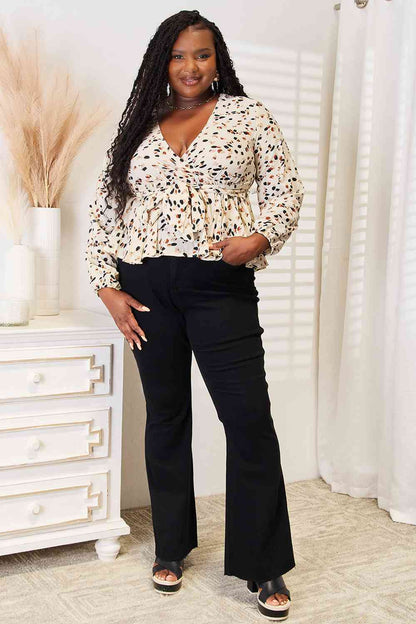 Double Take Printed Tied Plunge Peplum Blouse-Teresa&#39;s Fashionista LLC