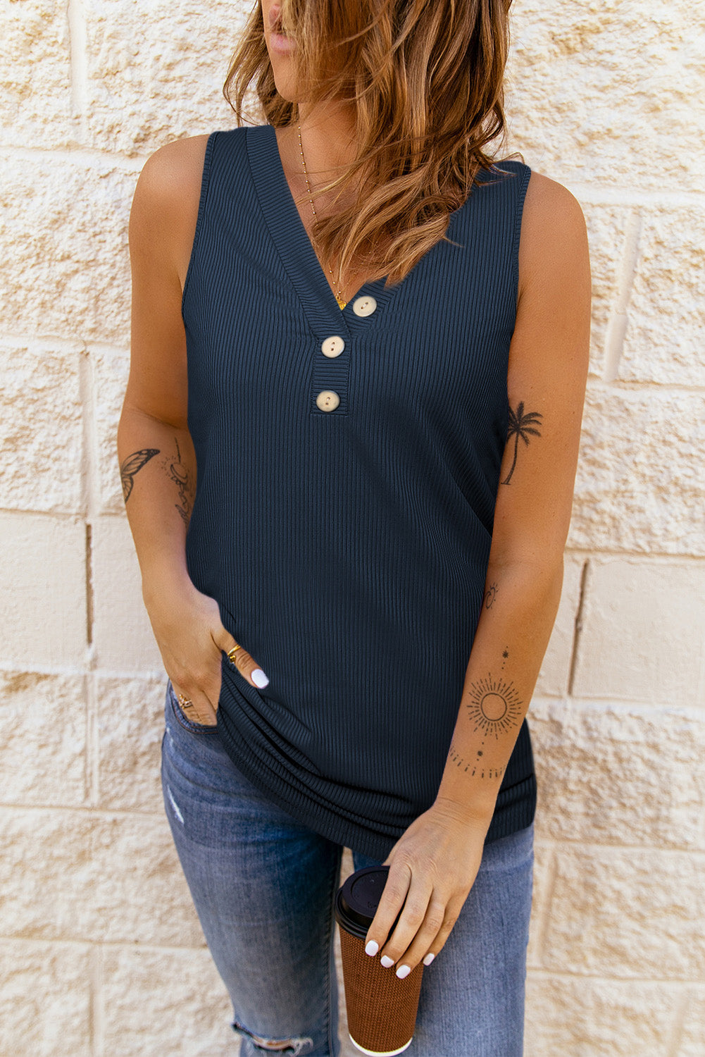 Ribbed Buttoned V-neck Tank-Teresa&#39;s Fashionista LLC