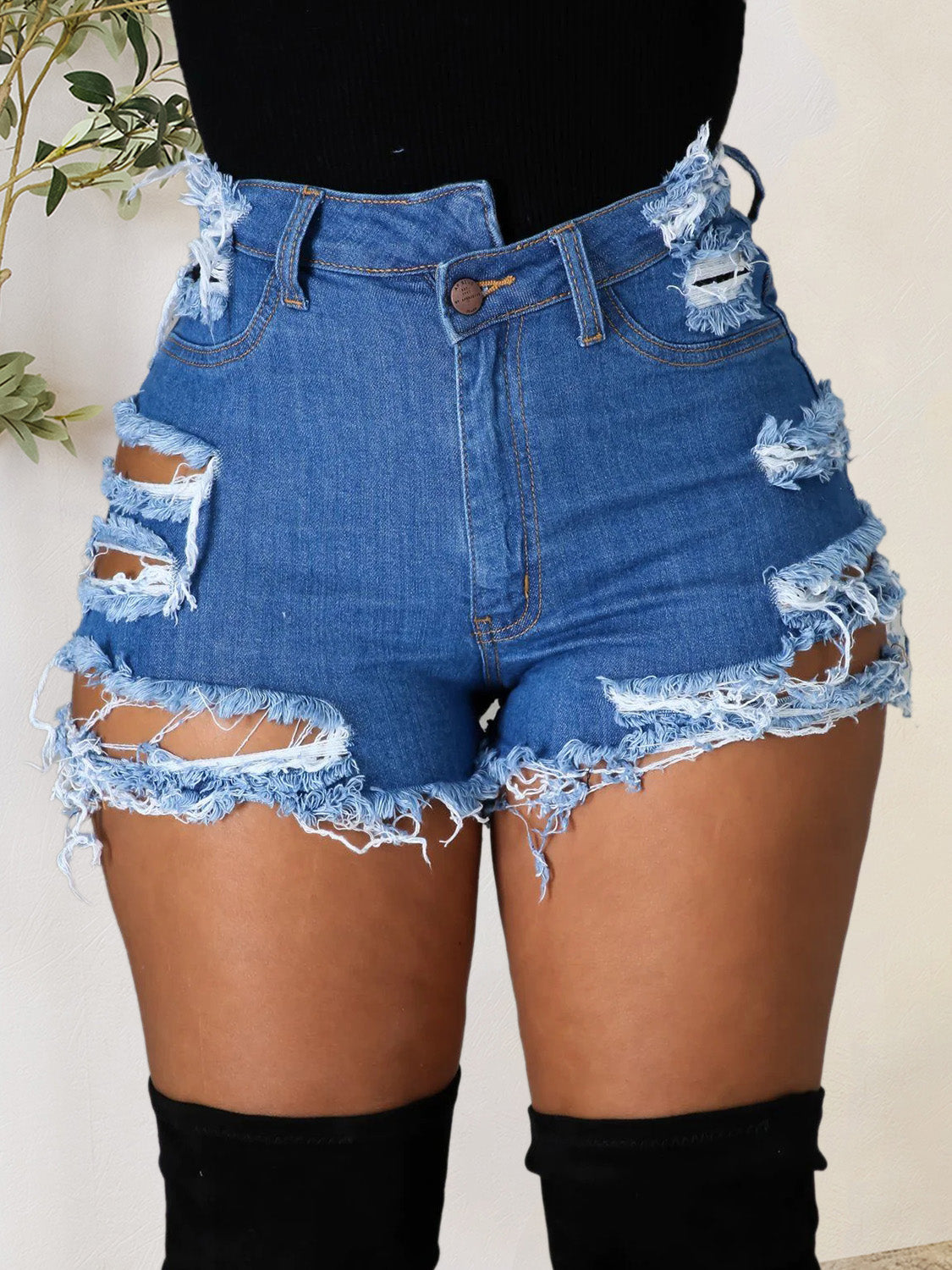 Distressed Raw Hem Denim Shorts with Pockets-Teresa&#39;s Fashionista LLC