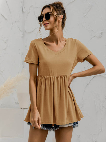 V-Neck Short Sleeve Babydoll Top-Teresa&#39;s Fashionista LLC