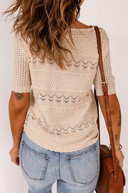 Short Sleeve Openwork Knit Sweater-Teresa&#39;s Fashionista LLC