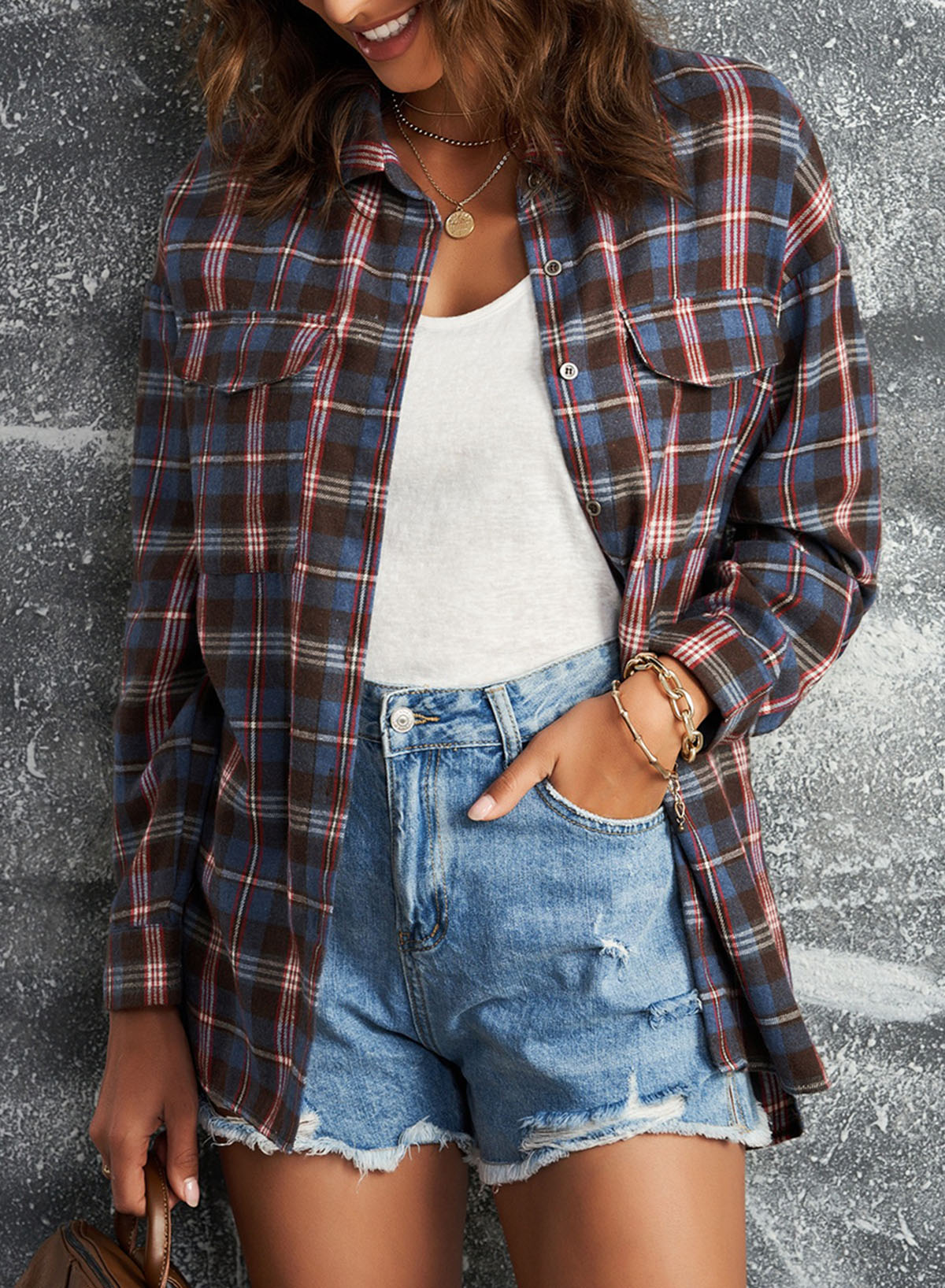 Plaid Slit High-Low Shirt with Pockets-Teresa&#39;s Fashionista LLC