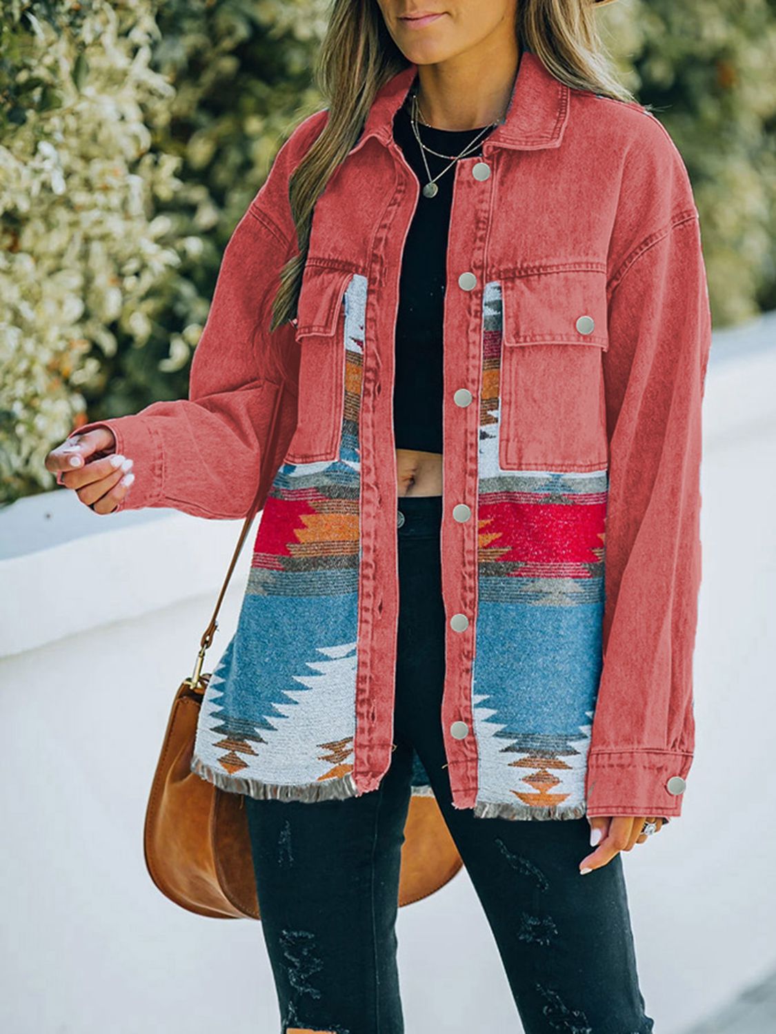 Dropped Shoulder Long Sleeve Printed Denim Jacket-Teresa&#39;s Fashionista LLC