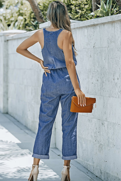 Buttoned Scoop Neck Denim Jumpsuit-Teresa&#39;s Fashionista LLC