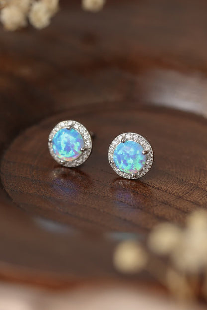 925 Sterling Silver Platinum-Plated Opal Round Stud Earrings-Teresa&#39;s Fashionista LLC