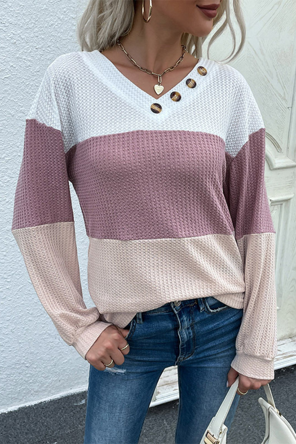 Color Block Waffle Knit Button Detail Top-Teresa&#39;s Fashionista LLC