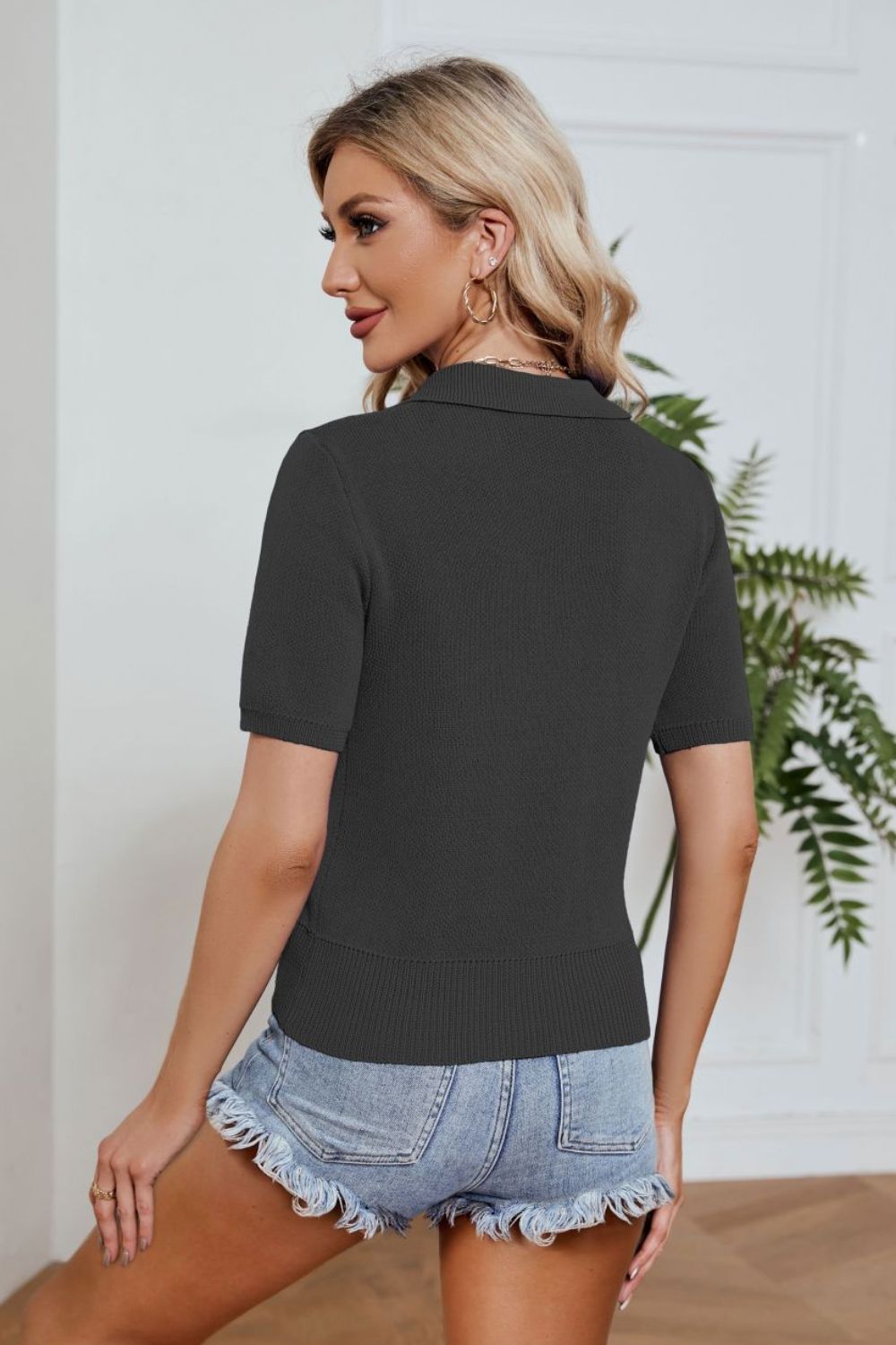 Johnny Collar Short Sleeve Knit Top-Teresa&#39;s Fashionista LLC