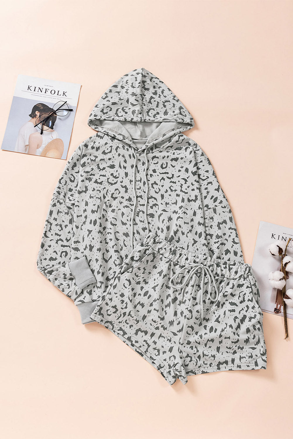 Animal Print Drawstring Detail Hoodie and Shorts Lounge Set-Teresa&#39;s Fashionista LLC