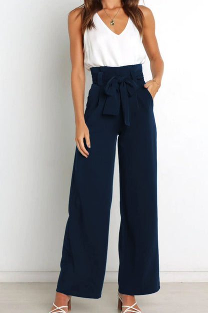 Tie Front Paperbag Wide Leg Pants-Teresa&#39;s Fashionista LLC