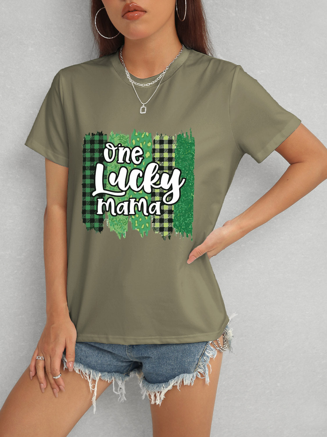 ONE LUCKY MAMA Round Neck T-Shirt-Teresa&#39;s Fashionista LLC