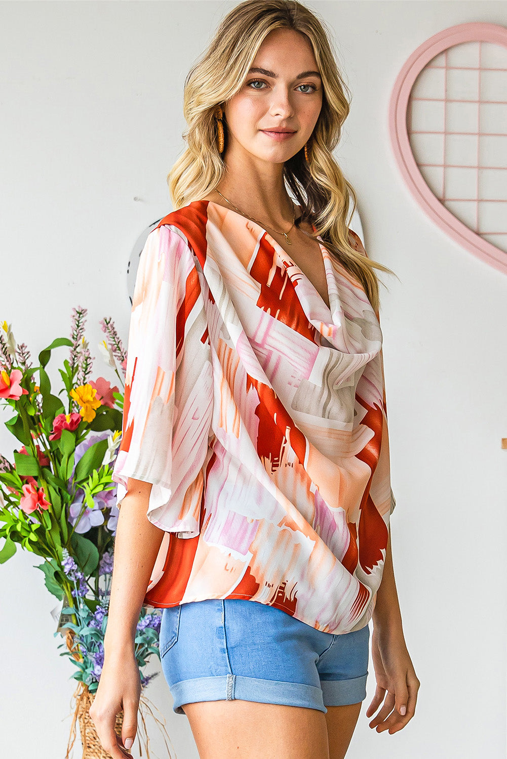 Printed Cowl Neck Half Sleeve Blouse-Teresa&#39;s Fashionista LLC