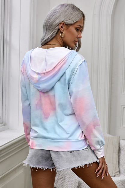 Tie-Dye Drawstring Detail Zip Up Hooded Jacket-Teresa&#39;s Fashionista LLC