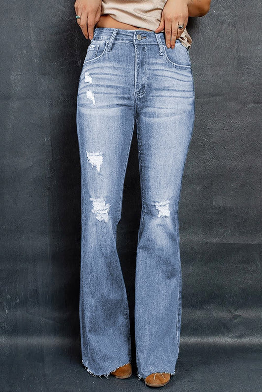 Distressed Raw Hem Flare Jeans-Teresa&#39;s Fashionista LLC