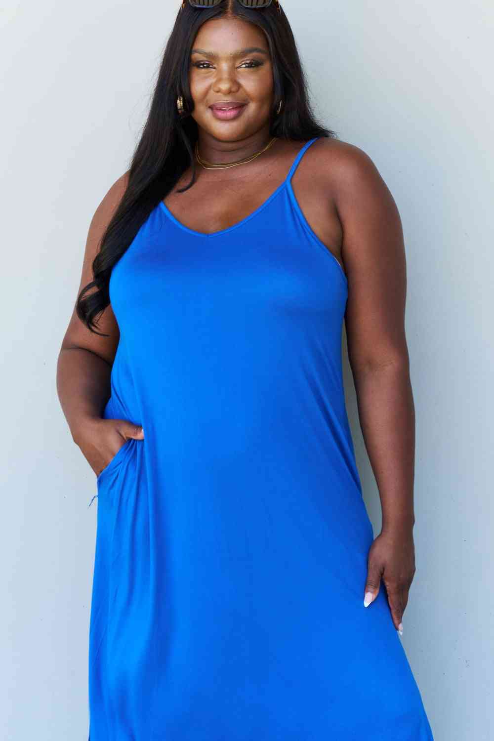 Ninexis Good Energy Full Size Cami Side Slit Maxi Dress in Royal Blue-Teresa&#39;s Fashionista LLC