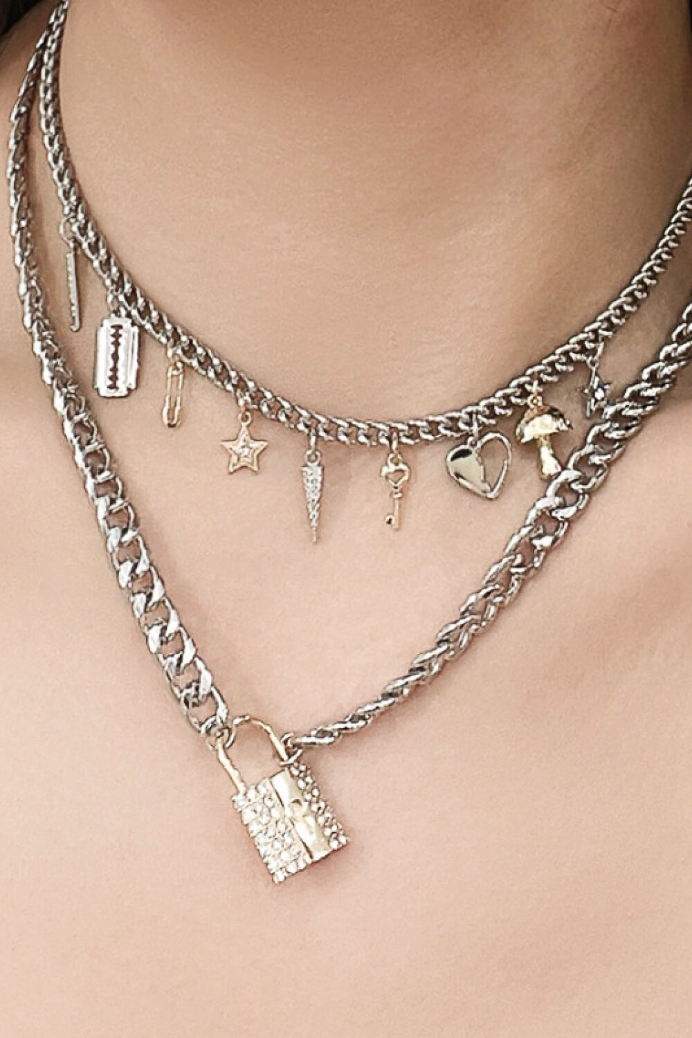 5-Piece Wholesale Lock Pendant Double-Layered Necklace-Teresa&#39;s Fashionista LLC