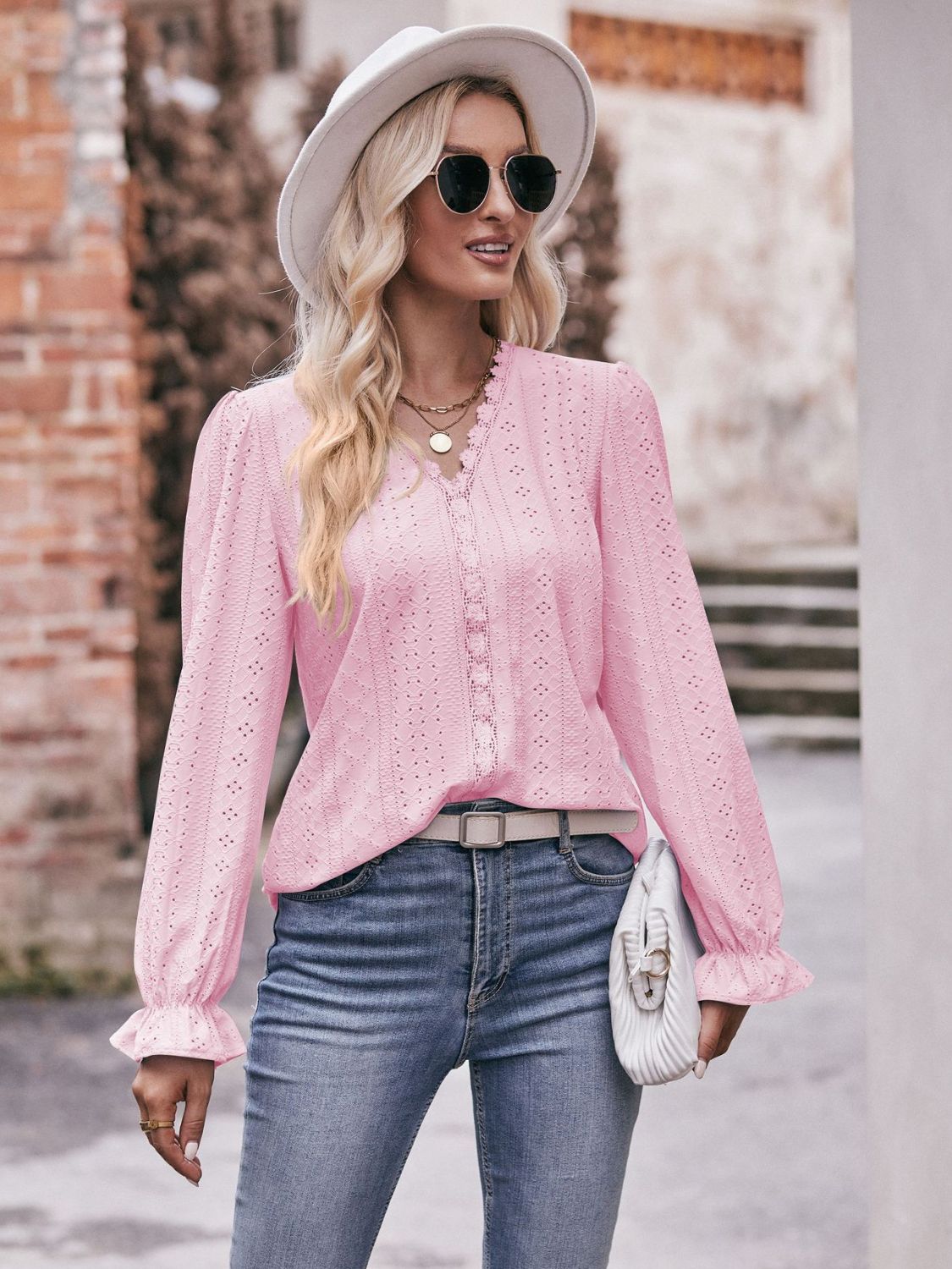 Eyelet V-Neck Flounce Sleeve Blouse-Teresa&#39;s Fashionista LLC