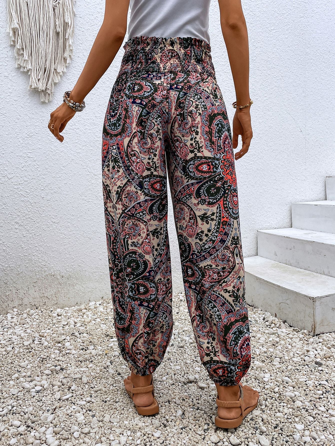 Paisley Print Smocked High-Waist Pants-Teresa&#39;s Fashionista LLC