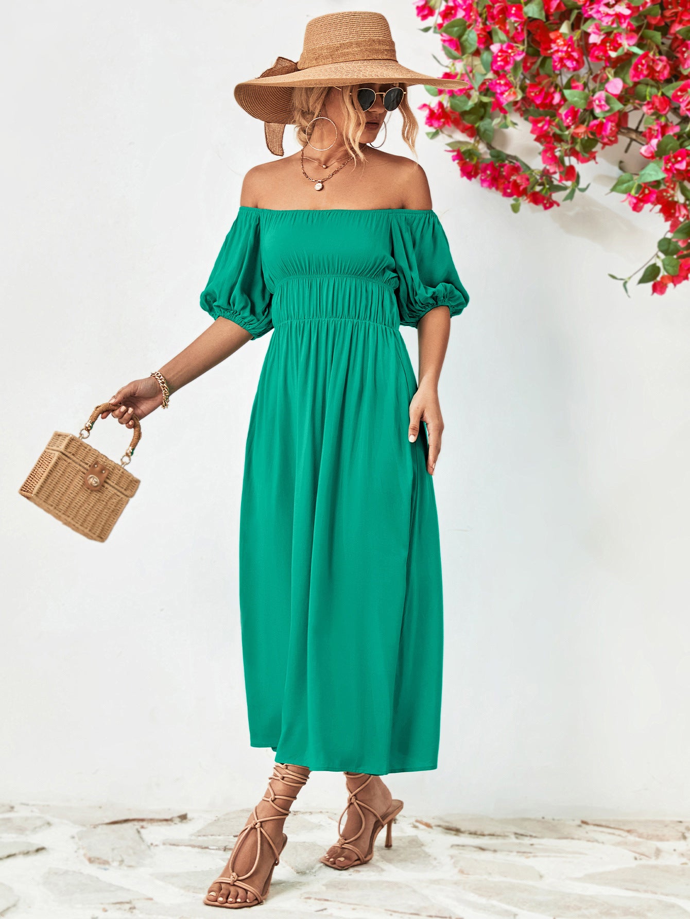 Off-Shoulder Balloon Sleeve Midi Dress-Teresa&#39;s Fashionista LLC