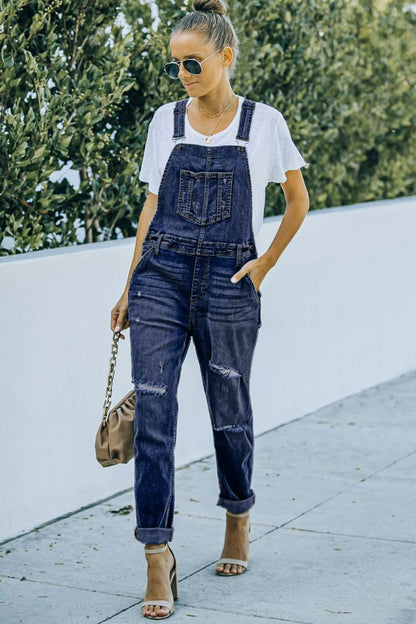 Pocketed Distressed Denim Overalls-Teresa&#39;s Fashionista LLC