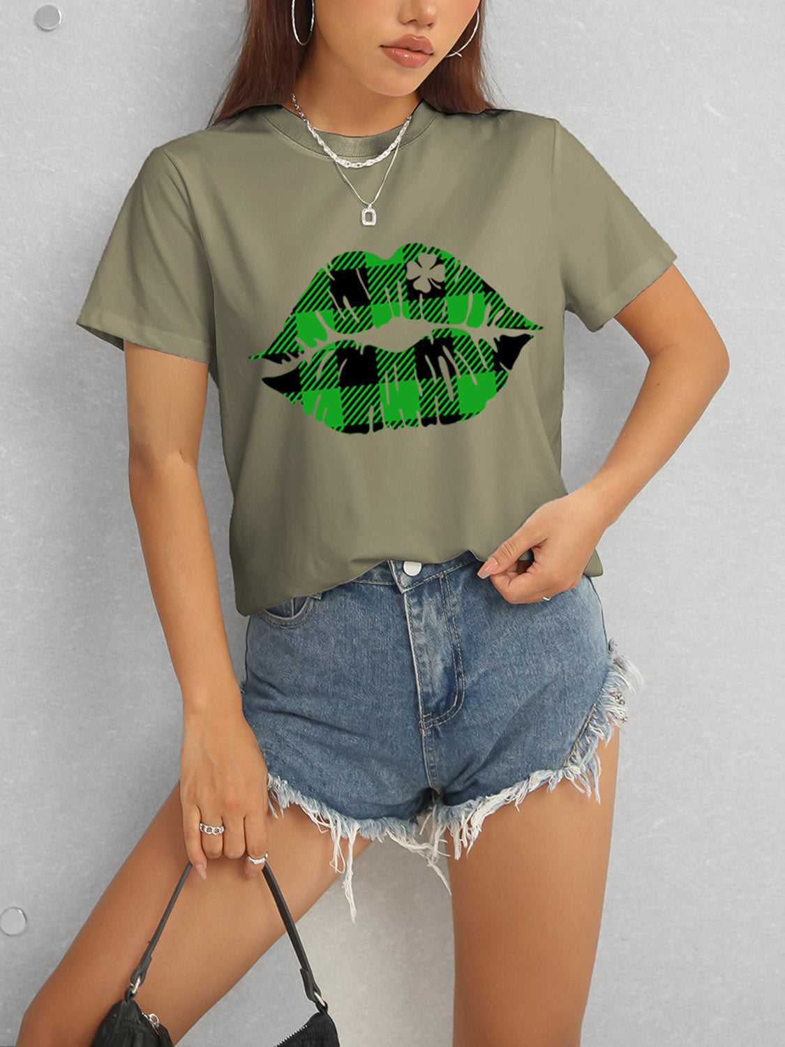 Plaid Lip Graphic Round Neck T-Shirt-Teresa&#39;s Fashionista LLC