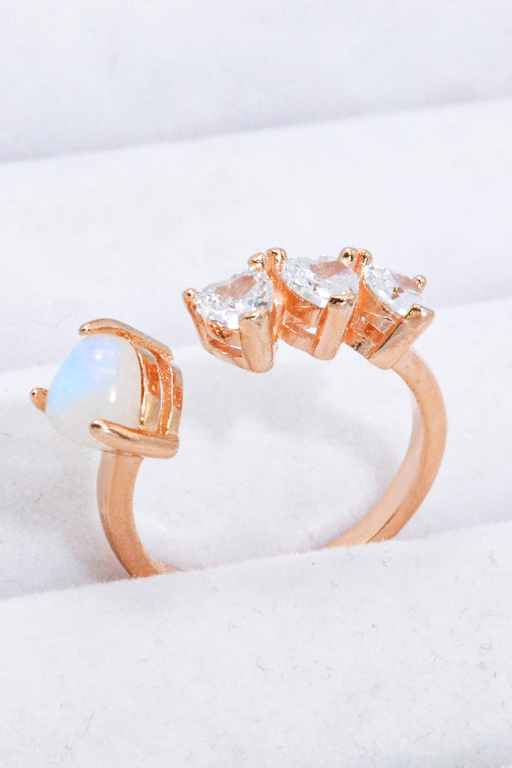 Natural Moonstone and Zircon Heart Open Ring-Teresa&#39;s Fashionista LLC