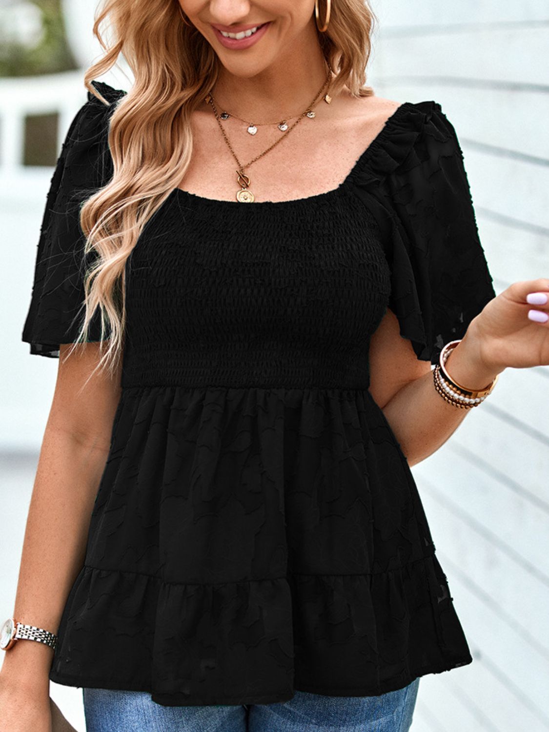 Smocked Square Neck Babydoll Blouse-Teresa&#39;s Fashionista LLC