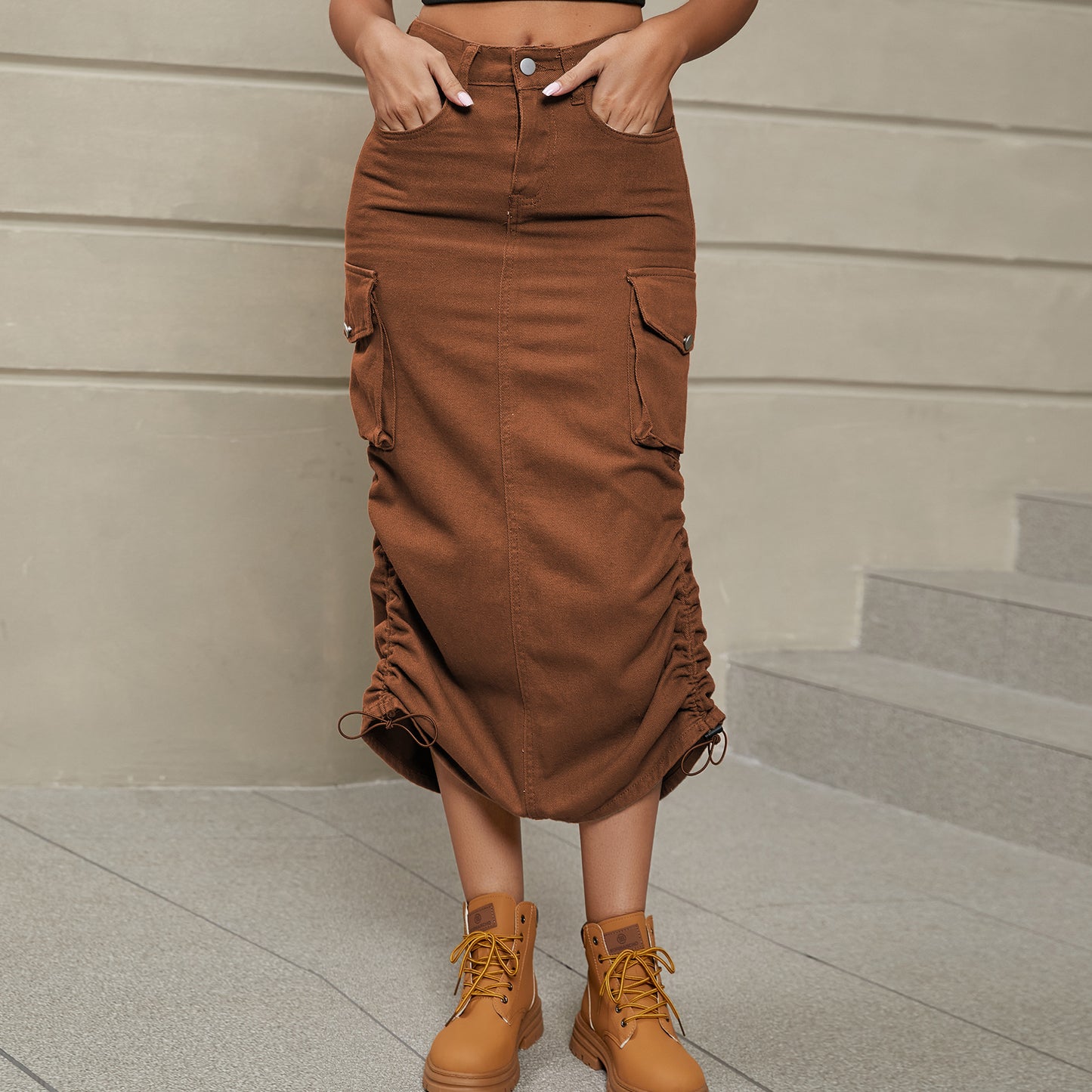 Drawstring Ruched Slit Denim Midi Skirt-Teresa&#39;s Fashionista LLC