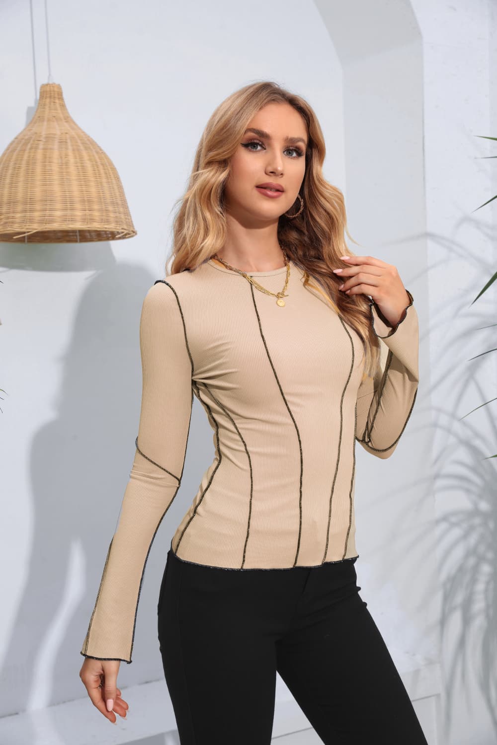 Ribbed Round Neck Long Sleeve Blouse-Teresa&#39;s Fashionista LLC