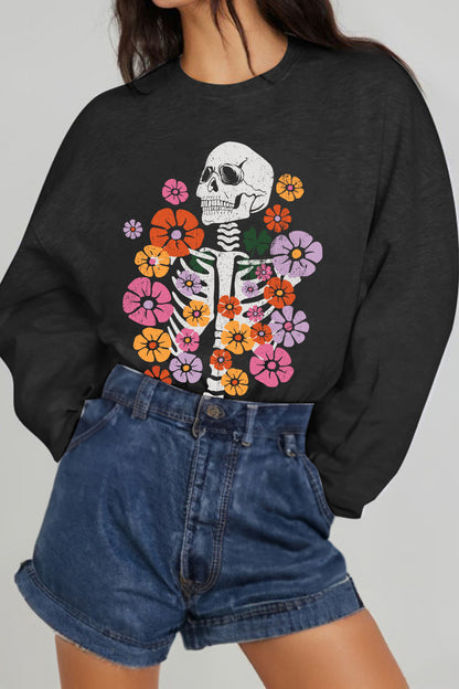 Simply Love Simply Love Full Size Flower Skeleton Graphic Sweatshirt-Teresa&#39;s Fashionista LLC