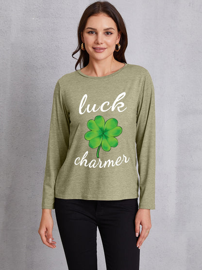 LUCK CHARMER Lucky Clover Round Neck T-Shirt-Teresa&#39;s Fashionista LLC