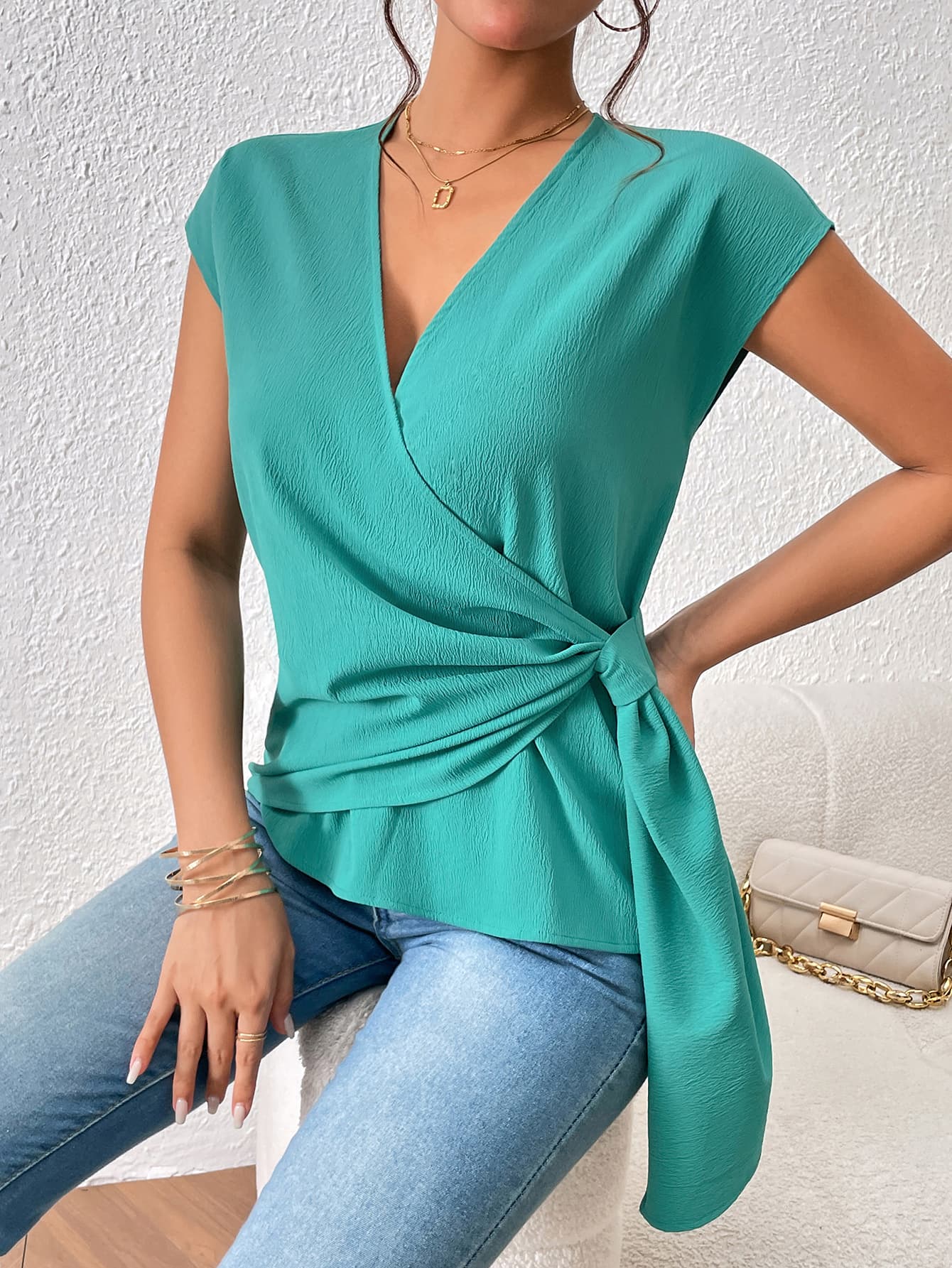 Tied Surplice Neck Short Sleeve Blouse-Teresa&#39;s Fashionista LLC