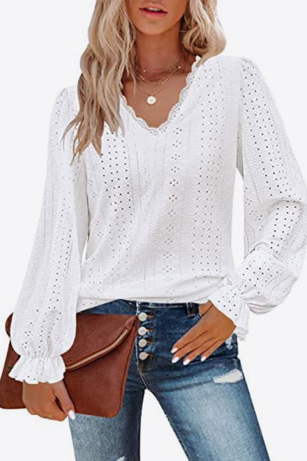 Eyelet V-Neck Flounce Sleeve Blouse-Teresa&#39;s Fashionista LLC