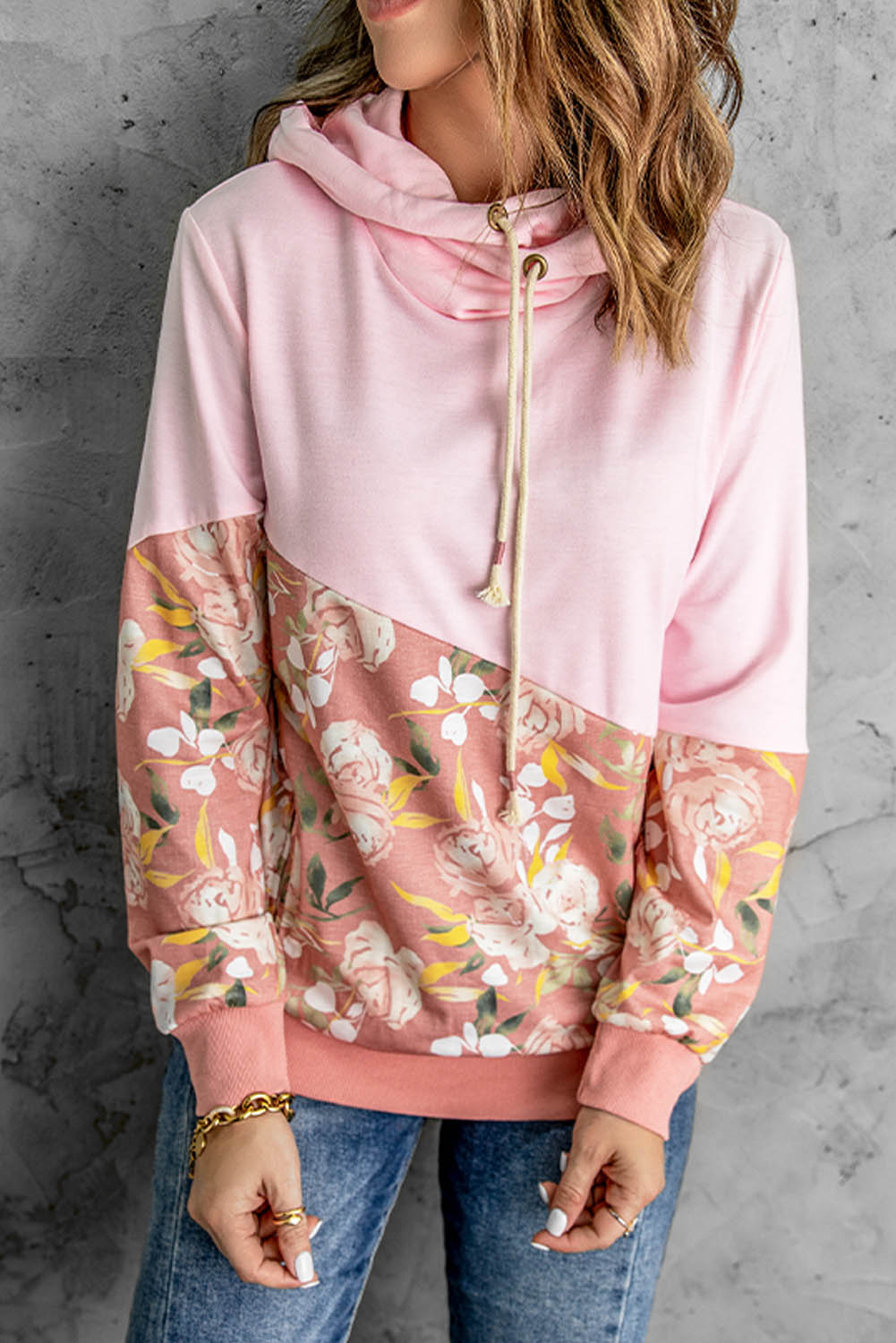 Floral Color Block Drawstring Hoodie-Teresa&#39;s Fashionista LLC