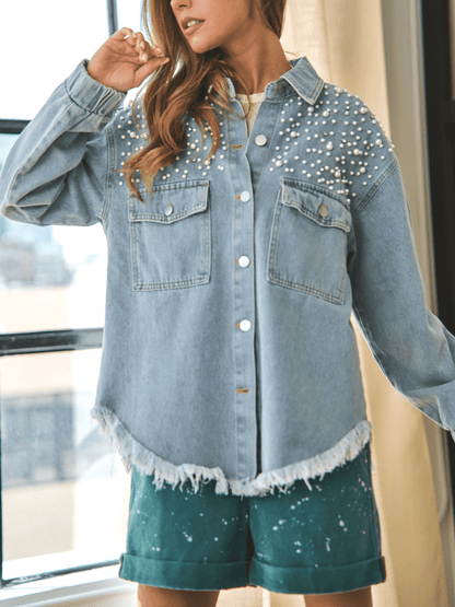 Collared Neck Raw Hem Dropped Shoulder Denim Jacket-Teresa&#39;s Fashionista LLC