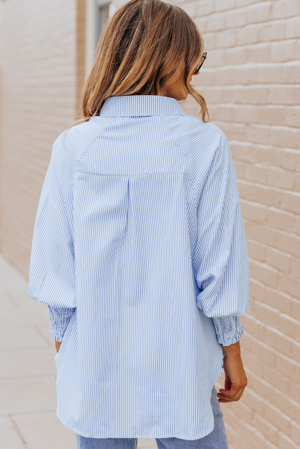 Striped Lantern Sleeve Collared Shirt-Teresa&#39;s Fashionista LLC