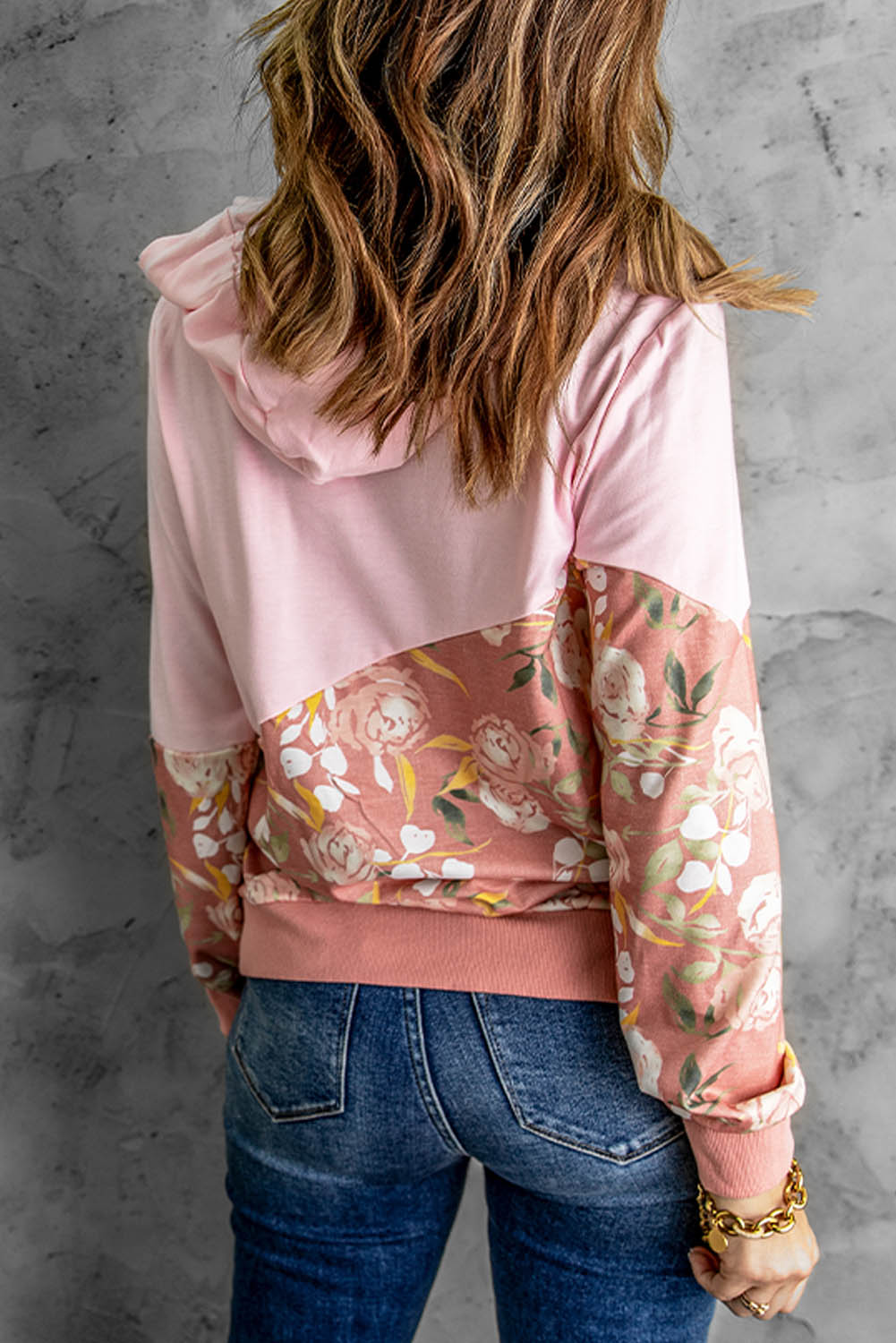 Floral Color Block Drawstring Hoodie-Teresa&#39;s Fashionista LLC