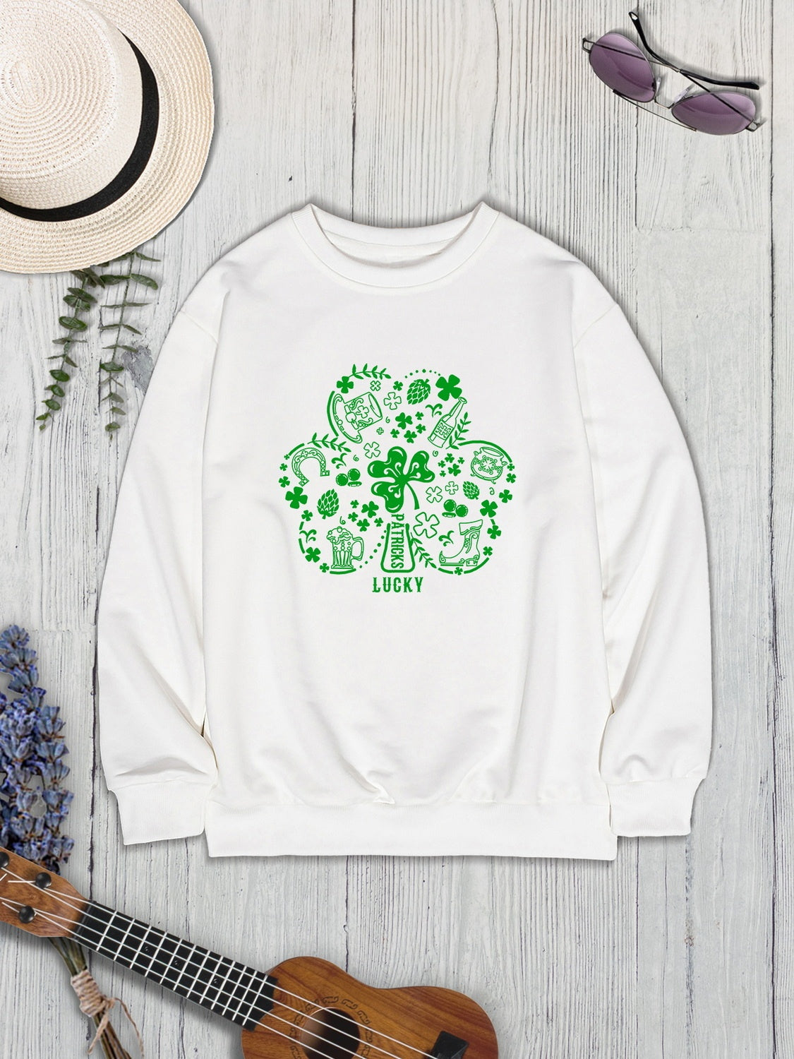 Lucky Clover Round Neck Sweatshirt-Teresa&#39;s Fashionista LLC