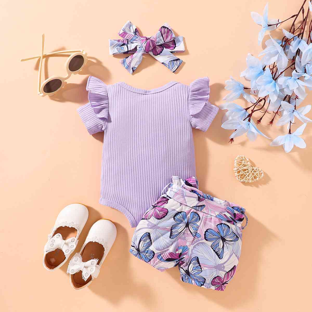 Ribbed Ruffle Shoulder Bodysuit and Butterfly Print Shorts Set-Teresa&#39;s Fashionista LLC