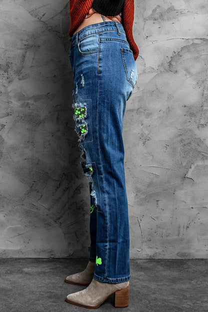 Printed Patch Distressed Boyfriend Jeans-Teresa&#39;s Fashionista LLC