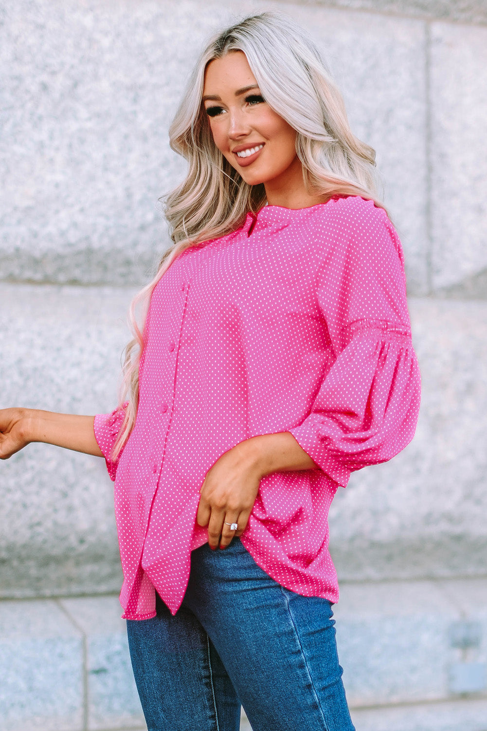 Polka Dot Three-Quarter Puff Sleeve Blouse-Teresa&#39;s Fashionista LLC