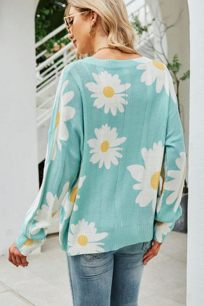 Daisy Print Openwork Round Neck Sweater-Teresa&#39;s Fashionista LLC